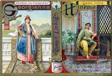 Bogstav G som georgisk Kaukasus-dame og H som hinduistisk ædeldame. Kvinders alfabet. Serie på 12 billeder. Liebig reklame