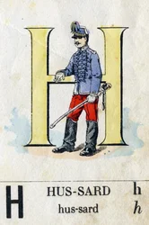 Bogstav H som hussard. Militært alfabet. Billeddannelse af Epinal, omkring 1870-1880. Stencilfarvede træsnit