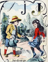 Bogstav J: Havearbejde. Indgravering i "ABC des joux pour petits boys". Billeddannelse af Pont-a-Mousson, Louis Vagne, trykkeri-udgiver, slutningen af det 19. århundrede. Mål: 32,5x25 cm