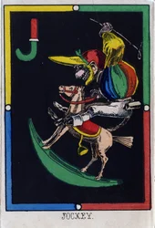 Bogstav J som jockey (abe på en gyngehest). Alfabet af aber. Trægravering. Billeddannelse af Epinal