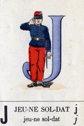 Bogstav J som ung soldat. Militært alfabet. Billeddannelse af Epinal, omkring 1870-1880. Stencilfarvede træsnit