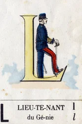 Bogstav L som løjtnant. Militært alfabet. Billeddannelse af Epinal, omkring 1870-1880. Stencilfarvede træsnit