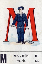 Bogstav M som Marin. Militært alfabet. Billeddannelse af Epinal, omkring 1870-1880. Stencilfarvede træsnit