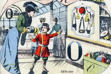 Brev O Officer. Indgravering i "ABC des joux pour petits boys". Billeddannelse af Pont-a-Mousson, Louis Vagne, trykkeri-udgiver, slutningen af det 19. århundrede. Mål: 32,5x25 cm
