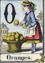 Bogstav O: Appelsiner. Rekreativt alfabet. Epinal billeddannelse. Stencilerede træstik, ca. 1880. Lille hæfte på 16 sider