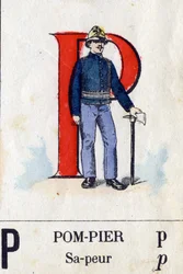 Bogstav P som brandmand. Militært alfabet. Billeddannelse af Epinal, omkring 1870-1880. Stencilfarvede træsnit