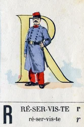 Bogstav R som reservist. Militært alfabet. Billeddannelse af Epinal, omkring 1870-1880. Stencilfarvede træsnit