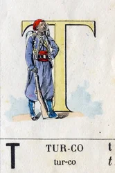 Bogstav T som turco. Militært alfabet. Billeddannelse af Epinal, omkring 1870-1880. Stencileret trægravering