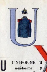 Bogstav U som uniform. Militært alfabet. Billeddannelse af Epinal, omkring 1870-1880. Stencilfarvede træsnit