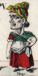 Bogstav V: Virago (ved denigrement, pige eller kvinde af stor størrelse, som har en mands manerer). Indgravering i "" Comic Alphabet "". Ny Epinal billedbehandling. Litografi Pinot et Sagaire, redaktører, mellem 1860 og 1888. Tavle nr. 491 med 25 lysende b