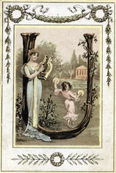 Brev, der repræsenterer en mor, der spiller lyre, og hendes datter danser med pauker, slutningen af det 19. århundrede (kromolitografi)