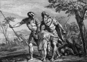 Befrielse af Childebert II (570-596), konge af Austrasia, 575: søn af Childebert I og Brunehilde (Brunehaut), han var blevet ført bort af sin onkel, Chilperic 1er, ved sin fars død. Stik af det 18. århundrede.