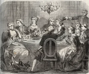 Libertinage: Christian VII (1749-1808), konge af Danmark og Norge, under en libertinerfest arrangeret af danseren Marie Madeleine Guimard (1743-1816) i hendes hus Pantin. Indgravering fra 1871 i "Histoire Des Cocus Celebres" af Henry de Kock (1819-18)