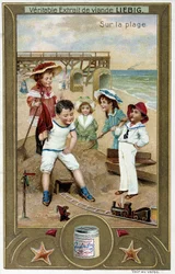 Liebig kromolitografiserie "" Beach Game"" af børn. sd. 19. århundrede