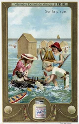 Liebig kromolitografiserie "" Beach Game"" af børn. sd. 19. århundrede