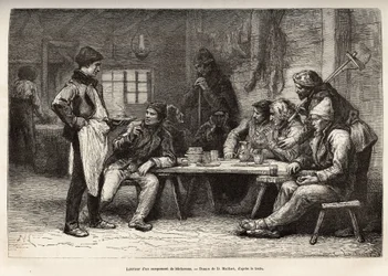 Det indre af en woodcheron-lejr i Ontario, gravering efter en tegning af D. Maillard, illustrerende udflugten til Canada og til Northern Red River, af H. De Lamotte, i 1873, udgivet i "" Le world tour""" 1875 , redigeret af Edouard