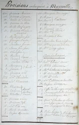 Liste over proviant taget om bord i Marseille og opskrifter mod skørbug i "Rejse jorden rundt på Solide under kaptajn Marchand" (en logbog). 1791-1792. Nationalarkivet i Paris.
