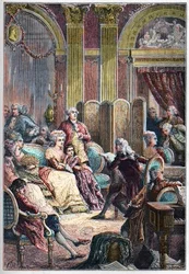 Litterær Salon - Læsning af "" Paul og Virginie"" af Jacques-Henri Bernardin fra Saint-Pierre (Saint Pierre) i Madame Neckers saloner i Paris - sammen med Mme Necker hendes mand Jacques Necker og hendes datter Germaine, senere Mme de Stael - Foredrag
