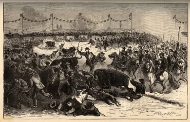 Husdyrmærke - La ferrade en Camargue (fest arrangeret under marquarge au fer rouge du cattle) - gravering i "" PATRIE"" - PECTUREQUIREQUE BESKRIVELSE AF FRANKRIG I 6 BIND AF LUCIEN HUARD - slutningen af ​​det 19. århundrede