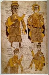 Lodhanri konge af Alamanerne (eller Alemaner: germansk stamme) omgiver en eveque, en hertug og en greve. Manuskript ""Breviary of Alaric and other legal texts"" (folio 197v), Frankrig, Vallee de la Loire (?), 803-814. Paris, B N
