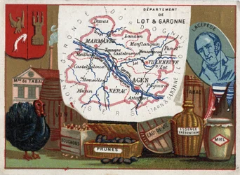 Lot og Garonne (Lot-et-Garonne, 47), Aquitaine, Frankrig. Tobaksfabrik, kalkunavl, vin, propper, blommer, brandy, benzin. Portræt af Bernard Germain Etienne de Laville-sur-Illon, greve af Lacepede (eller de la Cepede