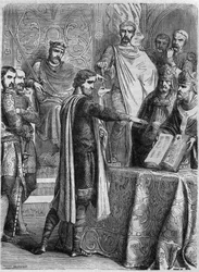 Lotharia II (825-869) aflagde ed på evangeliet før pave Adrien II (792-872) i Rom i 869. Indgravering i "Histoire des Papes-Rois-Queen and Empereurs a travers les centuries"" af Maurice Lachatre