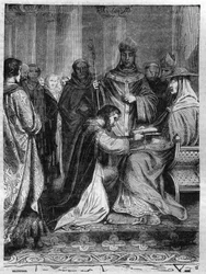 Lotharia I (795-855) ved fødderne af pave Adrian II (792-872). Indgravering i "Historien om paver-konger-dronninger og kejsere gennem århundrederne"" af Maurice Lachatre
