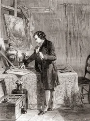 Louis-Jacques-Mandé Daguerre opfinder den fotografiske proces daguerreotypi i det 19. århundrede, fra Les Merveilles de la Science, udgivet ca. 1870 (gravering)