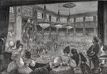 Louis-Philippe I bliver taget i ed som konge for Deputeretkammeret, 9. august 1830 - Revolutionen i 1830: "" Kong Louis Philippe I (1773-1850) svor at opretholde charteret af 1830 i nærværelse af de kamre, der blev genforenet i foreløbig hal af Pa