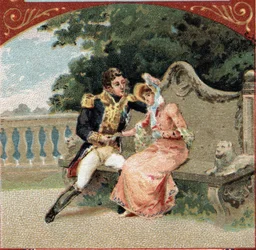 Louis Alexandre (Louis-Alexandre) Berthier (1753-1815), Prins af Wagram, med Madame Visconti, hans elskerinde, på Chateau de Grosbois. Kromolitografi i slutningen af det 19. århundrede