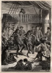 Louis Antoine, greve af Bougainville (1729-1811) modtog indbyggerne i Bay Fortescue (Detroit of Magellan) i sin båd "" La Boudeuse""" i 1768 - illustration fra "The Great Mariners of the 18th century"