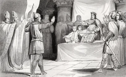 Ludvig I (778-840) den fromme ved hoffet, fra "Histoire de France" af Colart, udgivet omkring 1840