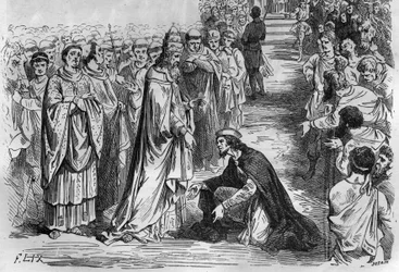 Louis I Den fromme eller Debonnaire (778-840) ved knæene af pave Stephen V (Stefano, pave fra 896 til 897). Indgravering i "Histoire des Papes-Rois-Queen and Empereurs a travers les centuries"" af Maurice Lachatre
