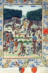 Louis Malet (1441-1516) Seigneur de Graville, jagt på vildsvin, fra Terrier de Marcoussis, efter 1493