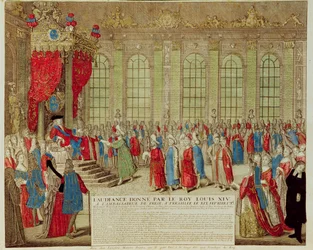 Ludvig XIV (1638-1715) modtog den persiske ambassadør Mohammed Reza Beg i Galerie des Glaces i Versailles, 19. februar 1715