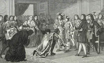 Solkongen Ludvig XIV (1638-1715) præsenterer sit barnebarn Philippe V (1683-1746) for de spanske udsendinge fra 