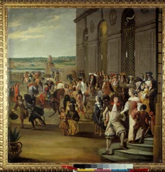 Ludvig XIV efterfulgt af Grand Dauphin rider foran Thetis-hulen (Thetys) i Versailles Kong Ludvig XIV (1638-1715) og hans søn Ludvig af Frankrig kaldet Grand Dauphin (1661-1711) foran Thetis-hulen (Thetys) omgivet af hofmænd
