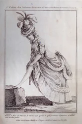 Louis XVI mode: et fodportræt af en ung kvinde i en polsk kjole i stribet taft. Stik fra 1778. Paris, dekorativ kunst