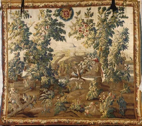 Louis XV Verdure Aubusson tapestry, featuring the Cluny coat of armsdani