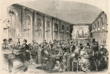 Lyrisk tryk af passagen Jouffroy i Paris i det 19. århundrede - Indgravering i "" Tableau-de-Paris"" af Edmond Texier 1852