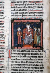 MS.782 Childeric II (c.650-675), Clodomir (c.495-524) og muligvis Theodoric, repræsenteret som under beskyttelse af kong Clotaire I (c.497-561), siddende på en trone, miniature fra Chroniques de Saint-Denis (vellum)