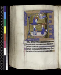 MS 300 f.125v, David beder til Gud (ovenfor); Gud med kugle og Kristus med bog siddende på bænken (nedenfor), fra Isabellas Salter og Timer, Paris, ca. 1265-70 (pen & blæk og tempera på pergament)