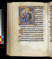 MS 300 f.191v, Hån mod Kristus med Jesus, omgivet af plageånder, inklusive to mænd i jødiske kasketter, fra Isabellas Salter og Timer, Paris, ca. 1265-70 (pen & blæk og tempera på pergament)