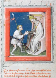 MS 313 Messenger giver et brev fra kongen af Frankrig til en biskop, miniature fra Bible de Guiart des Moulins