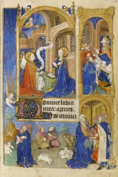 MS 39-1950 f.26r The Annunciation and Annunciation to the Shepherds, 1464 (guld, sølv & farvet blæk på pergament)