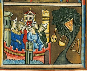 MS CXXXVII fol. 139v, sørgende jøder i Babylon, fra Sankt Elizabeths Psalter (tempera & bladguld på vellum)