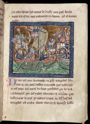 MS Marlay Add 1, fol. 86: Tekstside med illumination af et søslag, fra De Re Militari, ca. 1270