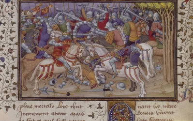 MS Royal 20 B.XX fol.16v Filips nederlag af Pausanias, med beredne riddere, der kæmper, fra 