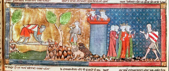 M. 806 f.166 Lancelot beviser sin kærlighed til Guinevere ved at krydse en flod broen af et skarpt sværd, fra Roman de Lancelot du Lac, 1344