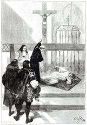 Madame de Sazilles uddrives i nærværelse af hertug Gaston dOrleans, illustration til Louduns besatte i Les Mysteres de la Science af Louis Figuier, 1886